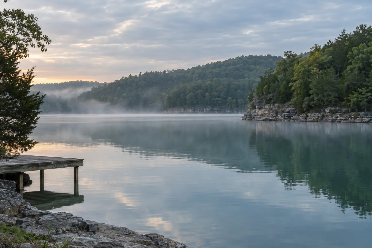 A still, misty lake at dawn, with wooded hills and a limestone shore